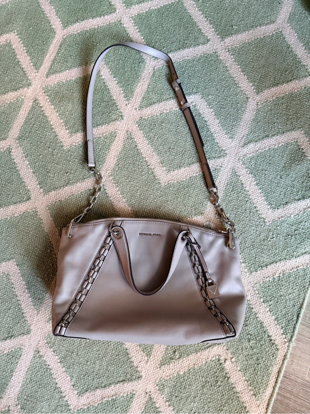 Michael Kors Light Gray Leather Shoulder Bag with Chain Trim